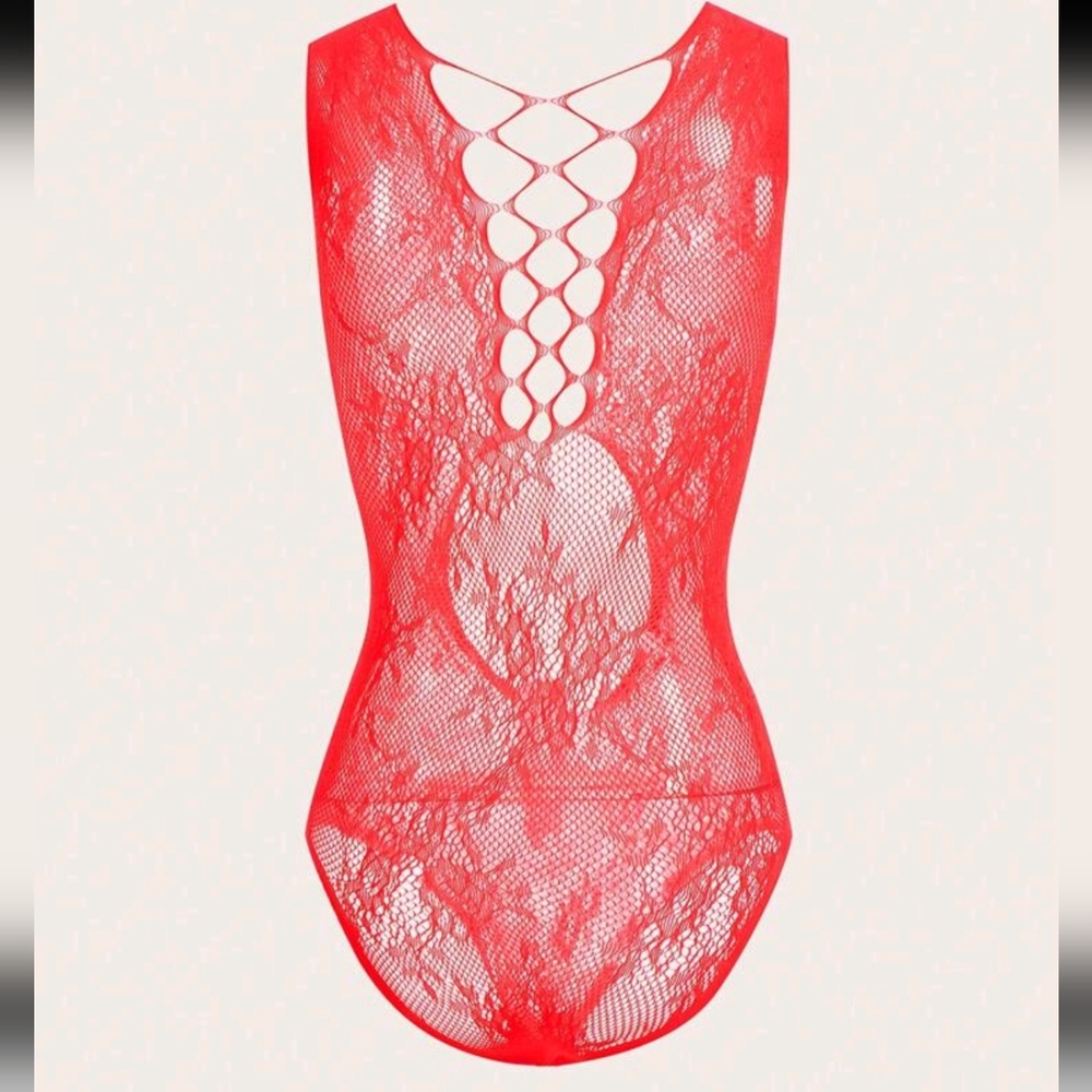New red fishnet bodysuit lingerie teddy